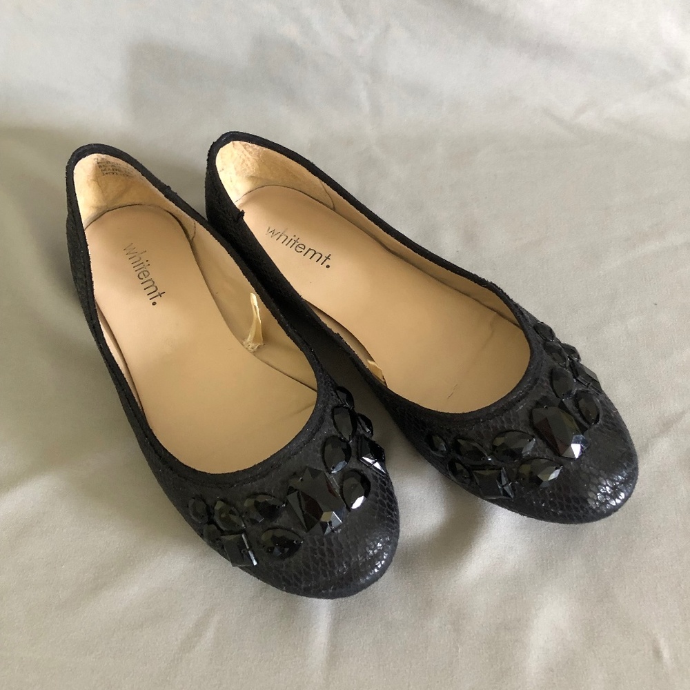 White Mountain Black Snake Skin Ballet Flats with Black Rhinestone Detailing